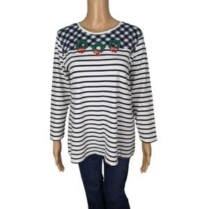 Kim Rogers Navy and White Striped Christmas Wreath Top L